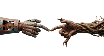 Rusted iron automaton arm with gears, verdigris, and gnarled wooden arm with bark, moss, primary digits almost touching on transparent. Concept of technology and nature balance