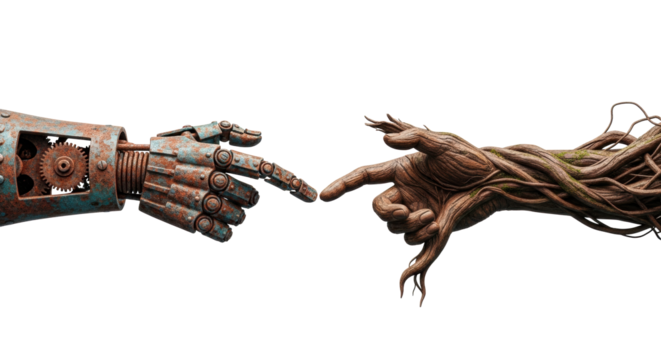 Rusted iron automaton arm with gears, verdigris, and gnarled wooden arm with bark, moss, primary digits almost touching on transparent. Concept of technology and nature balance