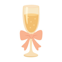 Flat vector illustration of champagne glass with golden drink and peach ribbon bow, isolated.