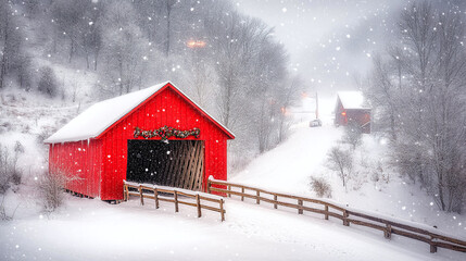 Snowy Landscape Featuring a Red Covered Bridge in a Quaint Rural Setting