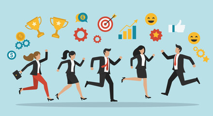 Business success, team motivation, corporate race, goal achievement, ambition, progress, competition, leadership, teamwork, professional growth