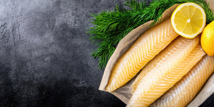 Three fish fillets on a cutting board with fresh dill and lemon slices beside them. Food preparation, healthy cooking