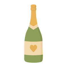 Flat vector illustration of green wedding champagne bottle with golden heart label, isolated design.