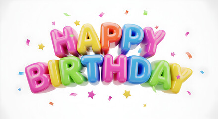 Fototapeta premium Gorgeous 3D Happy Birthday colorful greeting text artwork with balloons ribbons confetti shining stars and festive elements