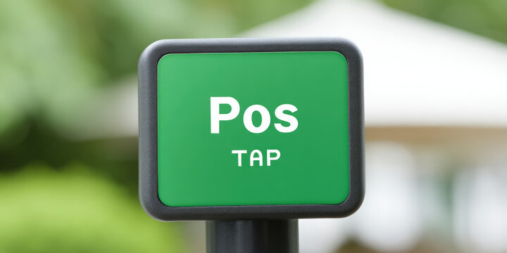 Pos TAP sign is displayed on a pole, positioned outdoors. Payment terminal concept