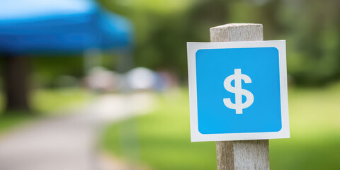 A wooden post displays a blue sign with a white dollar symbol in an outdoor setting. Currency and finance symbol outdoors