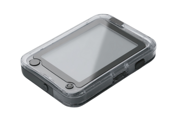 Clear protective case for a small rectangular device.  A  light gray/gray-white screen is visible.  Several small buttons are seen through the clear case