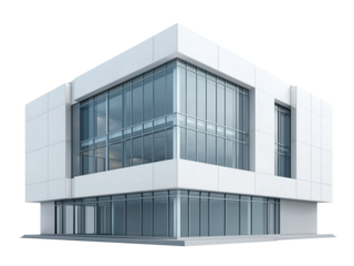 A modern three-story office building with large glass windows on transparent background, cutout