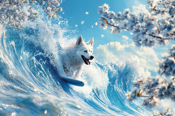 サーフィンをする犬