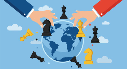 Global strategy, geopolitical rivalry, chess metaphor, international tactics, strategic competition, world map, diplomacy, power play, global conflict, maneuvering