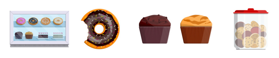 Showcase with donuts, cupcake, muffin, and cookie jar. Dessert shop concept. Pastry and bakery for menu design.