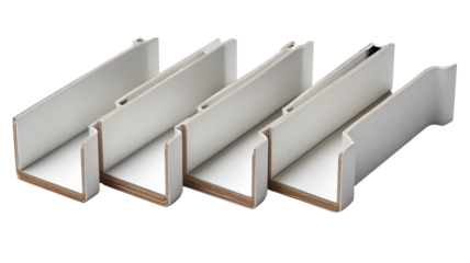 Four sections of light beige/cream-colored gutter channels arranged in a horizontal row.  Each channel is U-shaped, with a visible inner and outer lip.  Slight gaps between channels are evident.