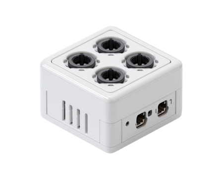 White square enclosure with four round ports and two Ethernet ports