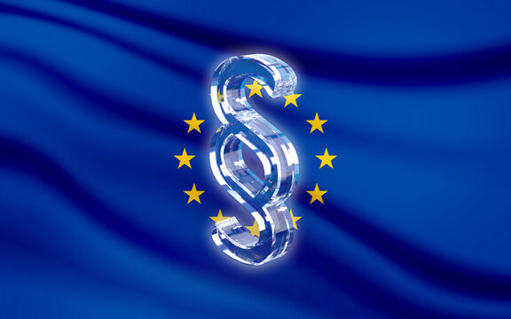 A 3D glass paragraph symbol, representing law, floats in front of a waving European Union flag, symbolizing European law. The image evokes themes of regulation, legal frameworks, governance in Europe.