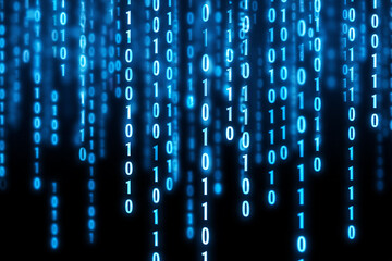 Blue binary code falling on black background data technology