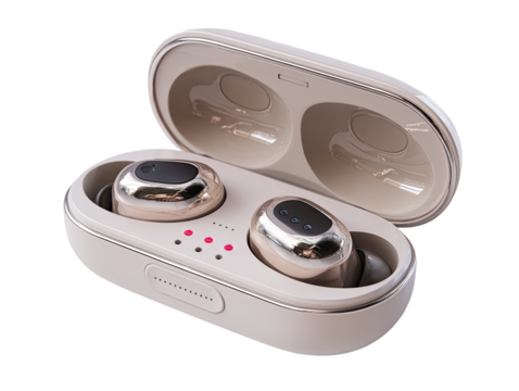 Open wireless earbuds case, light beige/rose gold color.  Small, rounded charging case with earbuds inside.  Earbuds are a metallic rose gold.  Small, circular indicator lights visible