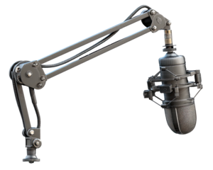 Studio microphone boom arm.  Adjustable metal arm supports a microphone