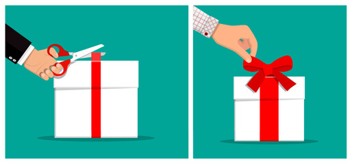 Man cutting gift box ribbon with scissors and man tying gift box ribbon. Holiday present concept. Flat style vector collection illustration.