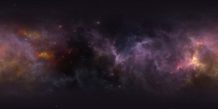 360 degree space nebula. Giant interstellar cloud with stars, equirectangular projection, environment map. Spherical panorama. 3D rendering, Fractal image