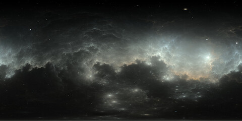 360 degree space nebula. Giant interstellar cloud with stars, equirectangular projection, environment map. Spherical panorama. 3D rendering, Fractal image