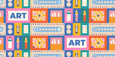 Colorful Geometric Art Supplies Pattern with Abstract Shapes and the Word Art