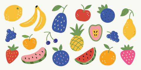 Colorful Hand Drawn Fruit Illustration with Lemon Banana Apple and Watermelon