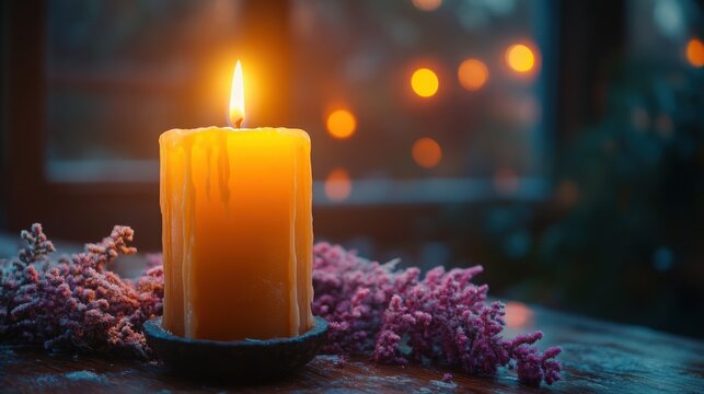 A glowing candle with flowers near a window at night