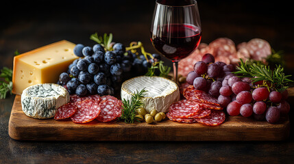 An assortment of cheese grapes and cured meats arranged on a wooden board with a glass of red wine nearby