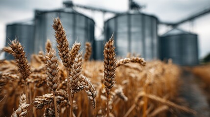 Golden wheat field with grain silos in the background during harvest seaso