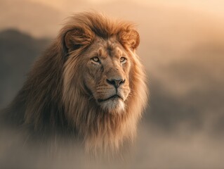 Fototapeta premium Majestic Lion with Golden Mane in Intense Stare, Against Ethereal Savannah Backdrop
