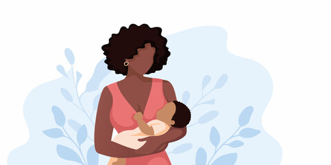 African American Mother Breastfeeding Baby with Floral Background Illustration
