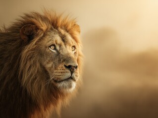Fototapeta premium Majestic Lion with Golden Mane in Intense Stare, Against Ethereal Savannah Backdrop