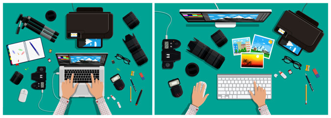 Man editing photos on laptop with camera gear, printer. Photographer workstation with monitor, various office supplies for creatives.