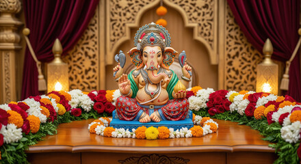 Obraz premium Ornate Ganesh Idol with Floral Garland and Traditional Decor in Temple Setting