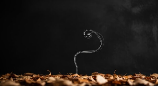delicate white smoke rising from autumn leaves on dark background