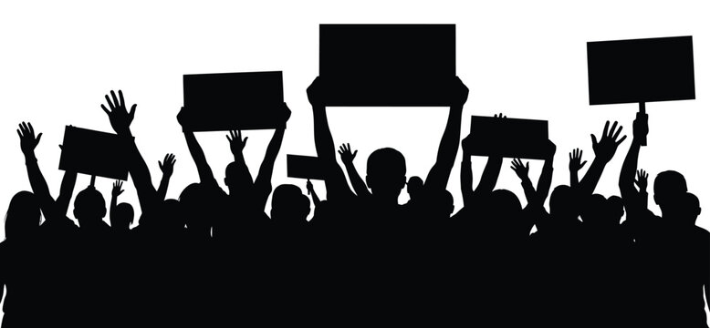 Crowd silhouette demonstrating holding signs protest rally gathering support activism vector