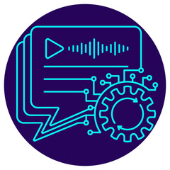 AI voice processing vector icon. Includes speech bubble, audio waveform, gear, and circuit lines. Thin blue outline on a dark blue circular background. Represents smart speech recognition, automation