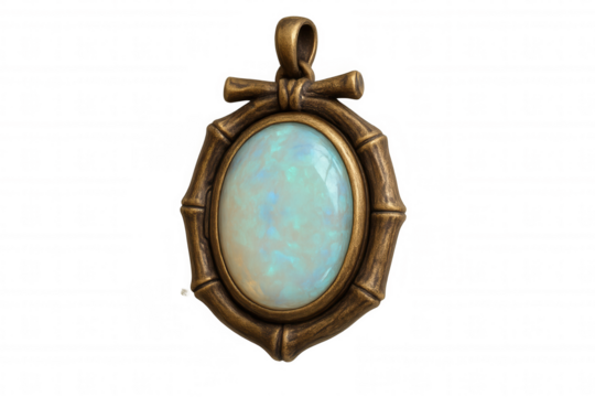 Vintage-inspired bamboo pendant featuring polished oval opal cabochon, showcasing elegant gemstone detail against transparent backdrop