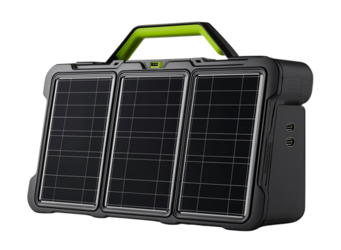 A solar panel and power bank with three large panels on the front