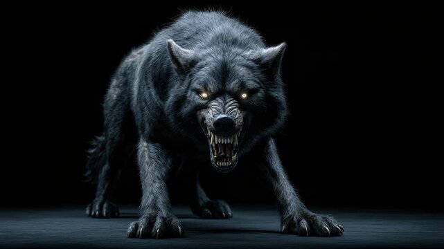 wolf monster werewolf with sinister glowing eyes and creepy grin big teeth stands in aggressive pose on dark background