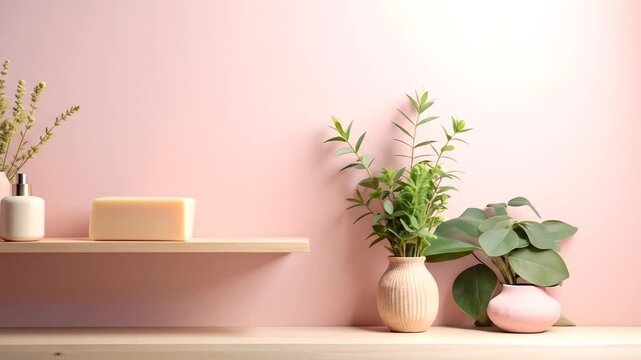 Minimalist Still Life Featuring Soap Plants and Vases on a Beige Shelf Against a Light Pink Background Product Photography