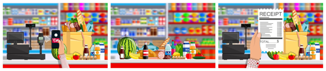 Man paying a grocery bill with smartphone. Supermarket shopping concept. Wireless contactless payment for retail business.