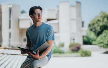 A pensive young adult in casual attire holding an open notebook outside near modern buildings.