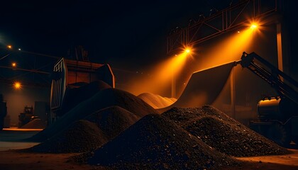Industrial coal loading at night, illuminated by lamps with shadows and dust particles.