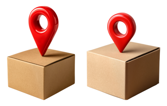 Cardboard shipping box with a location pin on transparent background. cutout
