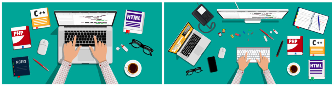 Man programmer coding with laptop and desktop computer. Flat programming concept illustration for development.