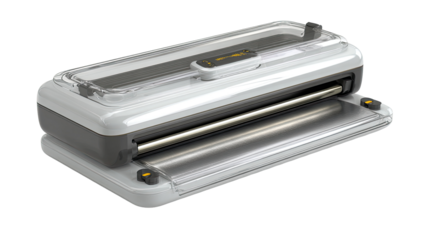 Compact, white and gray food vacuum sealer.  Features a clear plastic cover, metal sealing bar, and a control panel