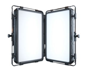Two rectangular, hinged light panels, open wide, showcasing blank white interiors.  Dark gray metal frame.  Industrial design