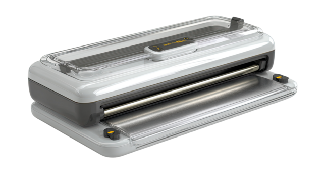 Compact, white and gray food vacuum sealer.  Features a clear plastic cover, metal sealing bar, and a control panel