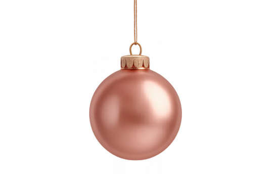 Shiny rose gold christmas ball hanging on string with transparent background